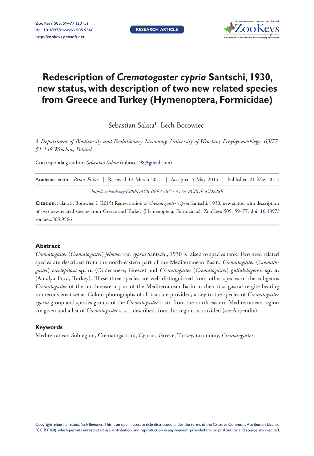 Redescription of Crematogaster Cypria Santschi, 1930, New Status, with Description of Two New Related Species from Greece and Turkey (Hymenoptera, Formicidae)