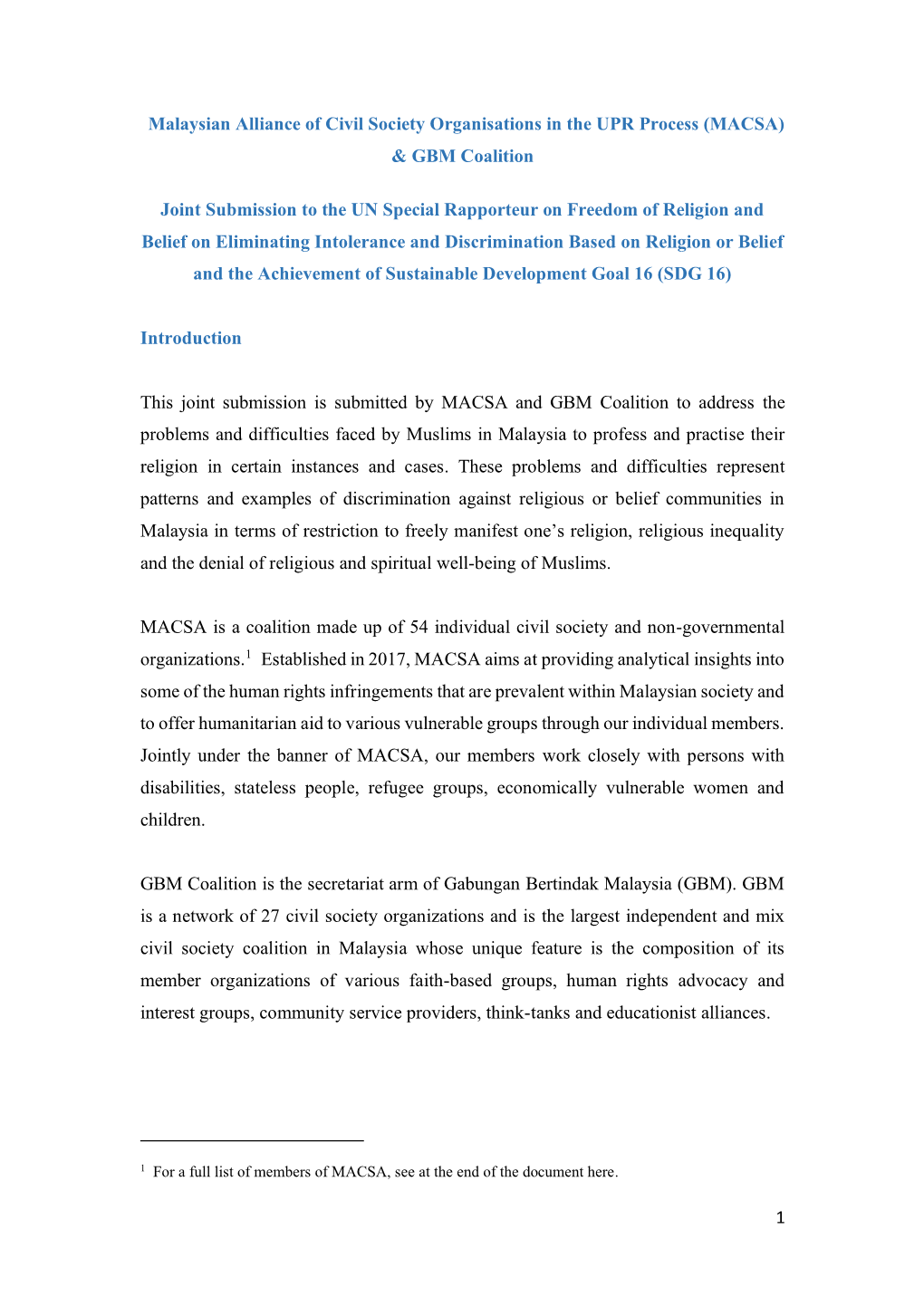 (MACSA) & GBM Coalition Joint Submission to the UN S