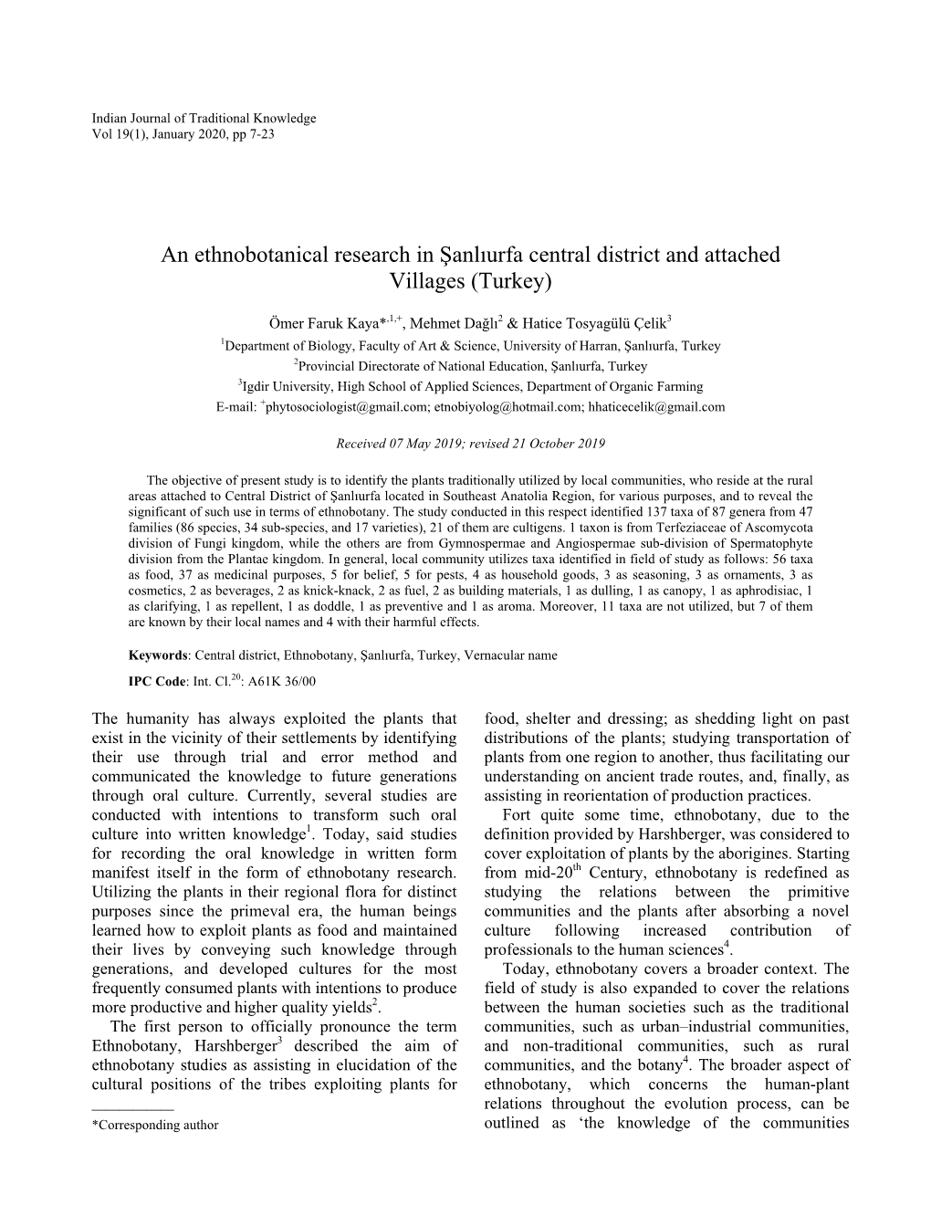 An Ethnobotanical Research in Şanlıurfa Central District and Attached Villages (Turkey)