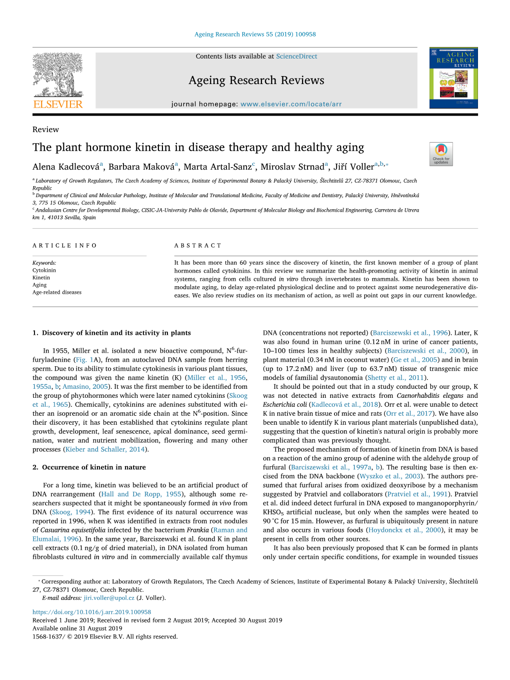 Ageing Research Reviews the Plant Hormone Kinetin in Disease Therapy