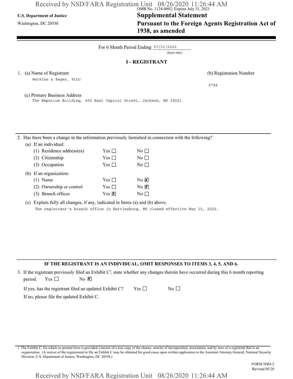 Supplemental Statement Received by NSD/FARA Registration Unit