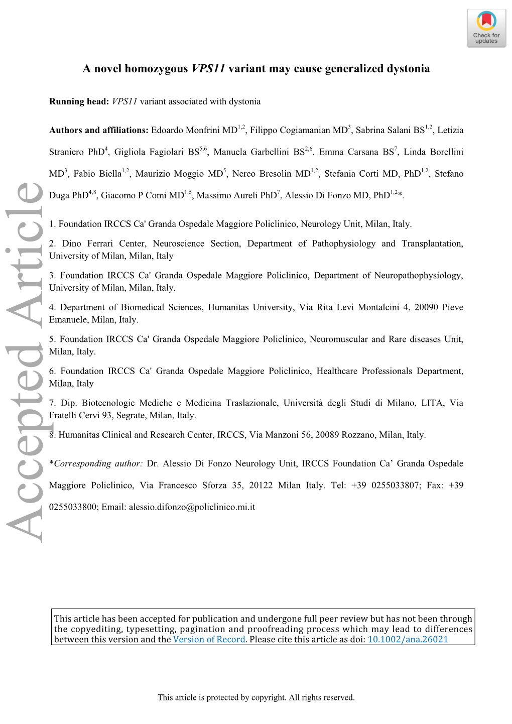 A Novel Homozygous VPS11 Variant May Cause Generalized Dystonia