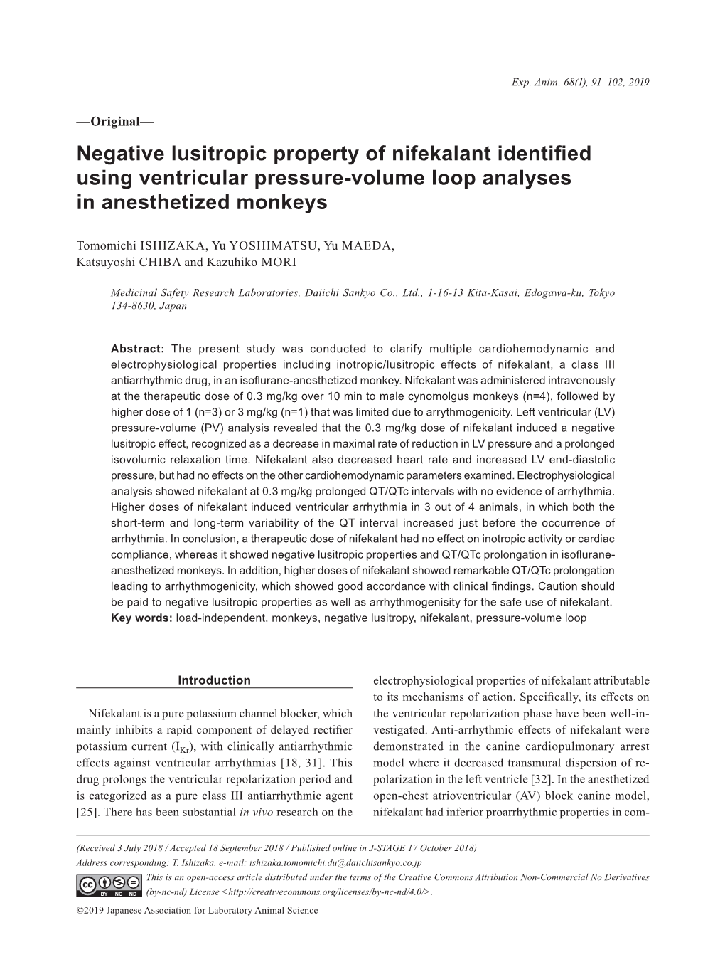 Negative Lusitropic Property of Nifekalant Identified Using Ventricular Pressure-Volume Loop Analyses in Anesthetized Monkeys