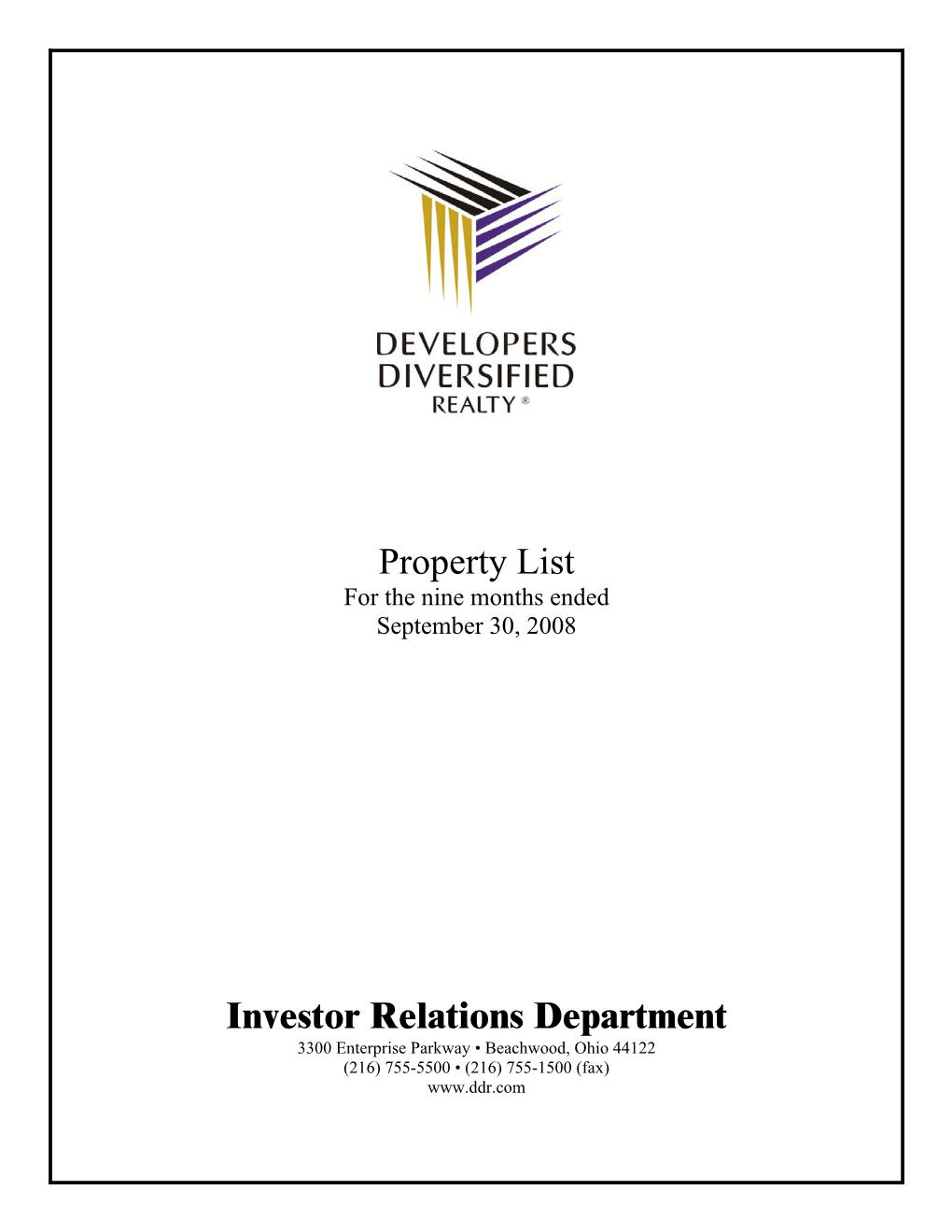 3Q08 Property List Reformatted for Supplement