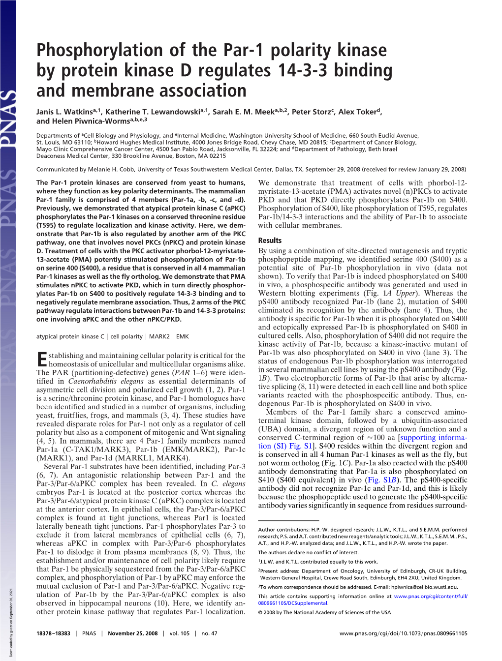 Phosphorylation of the Par-1 Polarity Kinase by Protein Kinase D Regulates 14-3-3 Binding and Membrane Association