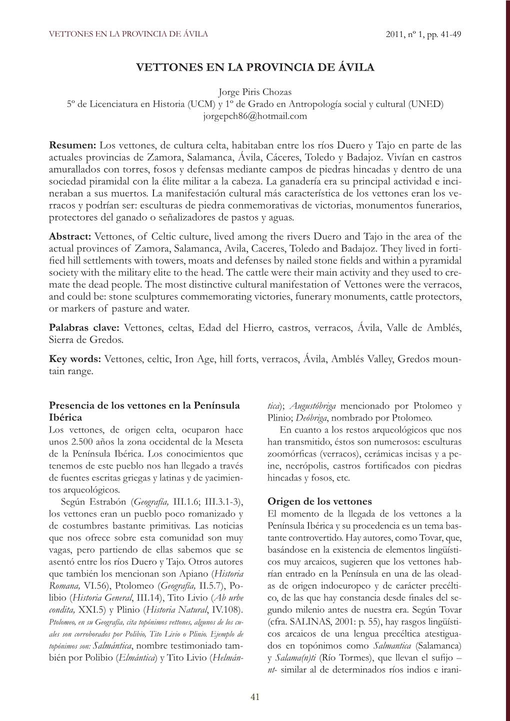 Vettones En La Provincia De Ávila 2011, Nº 1, Pp