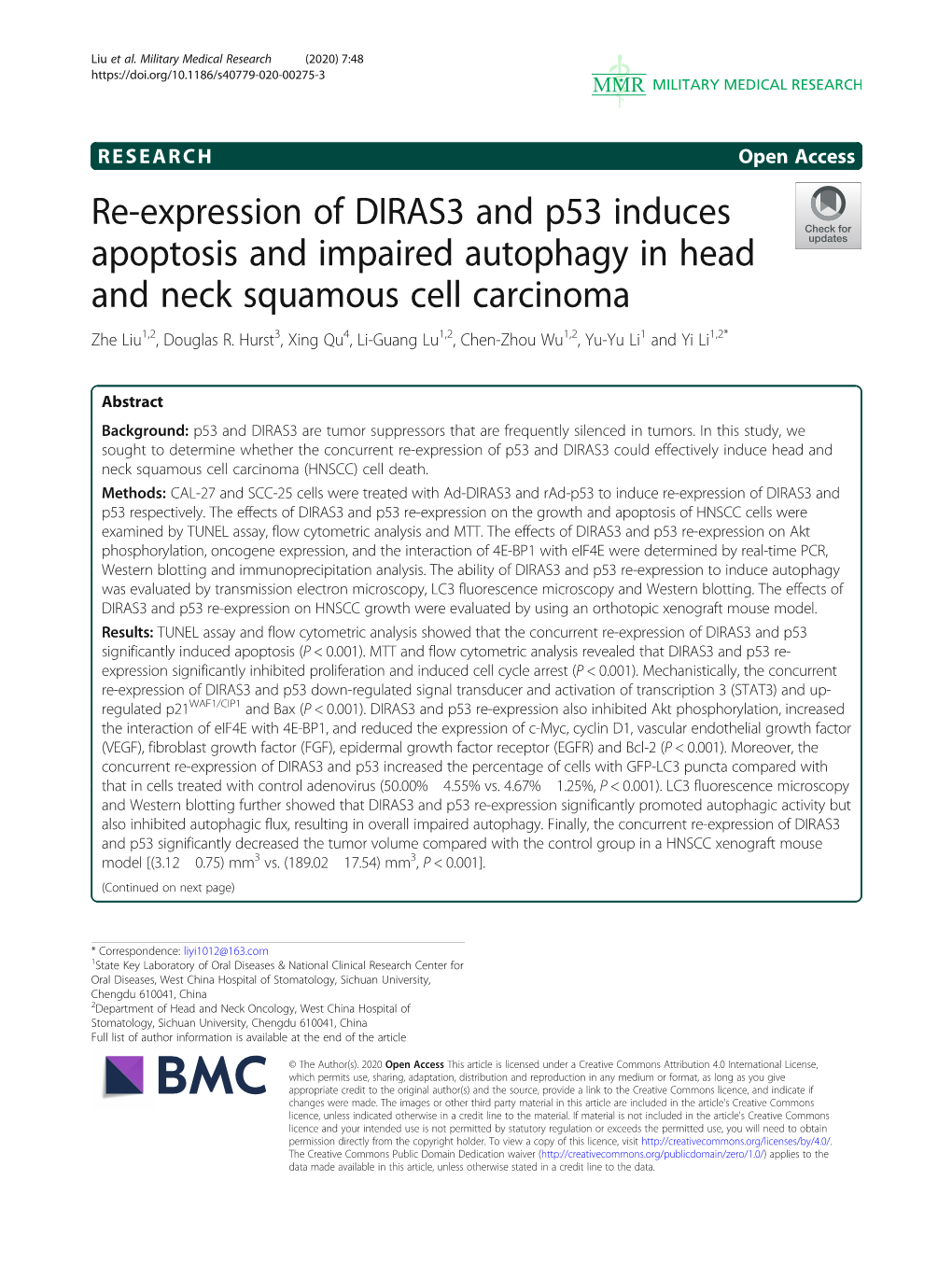 Re-Expression of DIRAS3 and P53 Induces Apoptosis and Impaired Autophagy in Head and Neck Squamous Cell Carcinoma Zhe Liu1,2, Douglas R