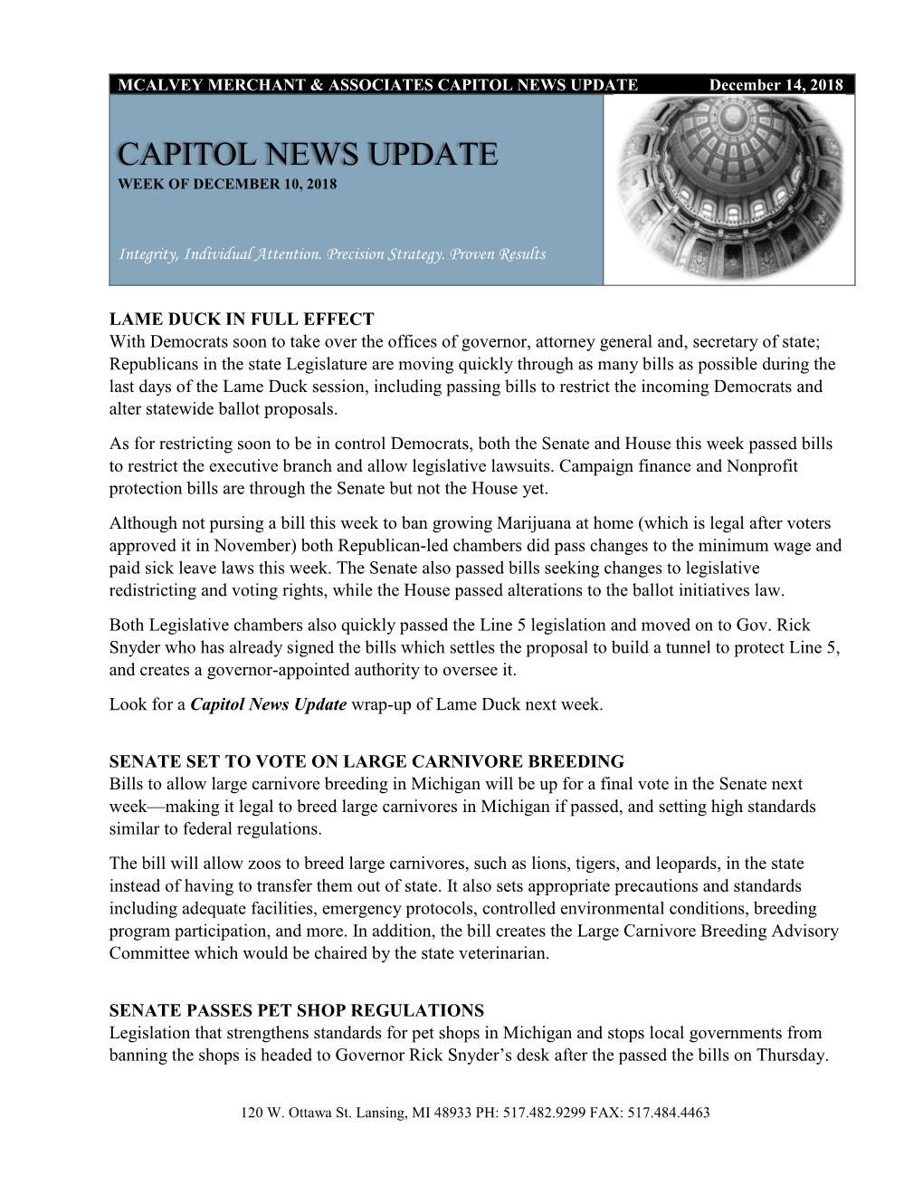 CAPITOL NEWS UPDATE December 14, 2018