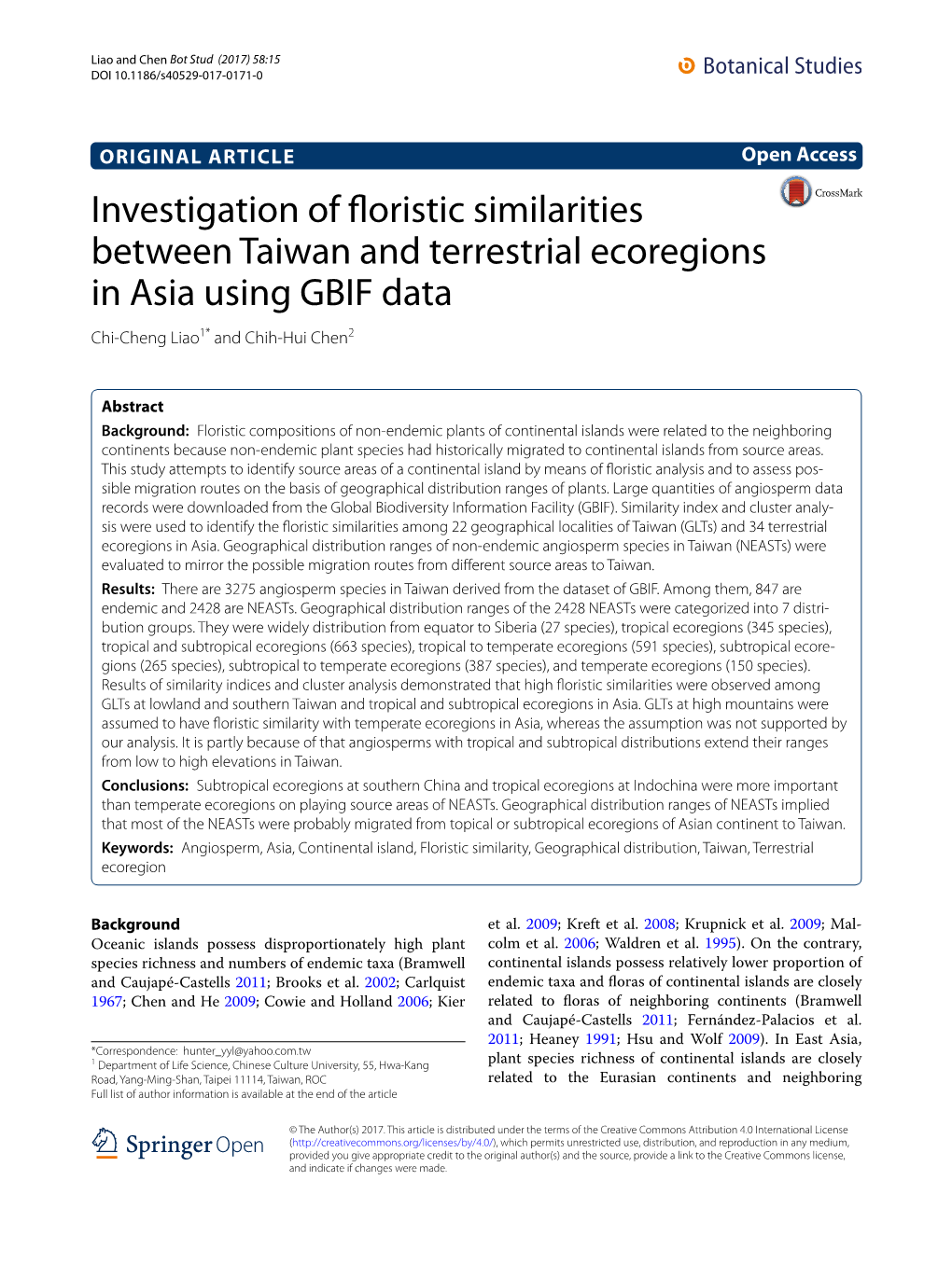 Investigation of Floristic Similarities Between Taiwan and Terrestrial Ecoregions in Asia Using GBIF Data Chi‑Cheng Liao1* and Chih‑Hui Chen2