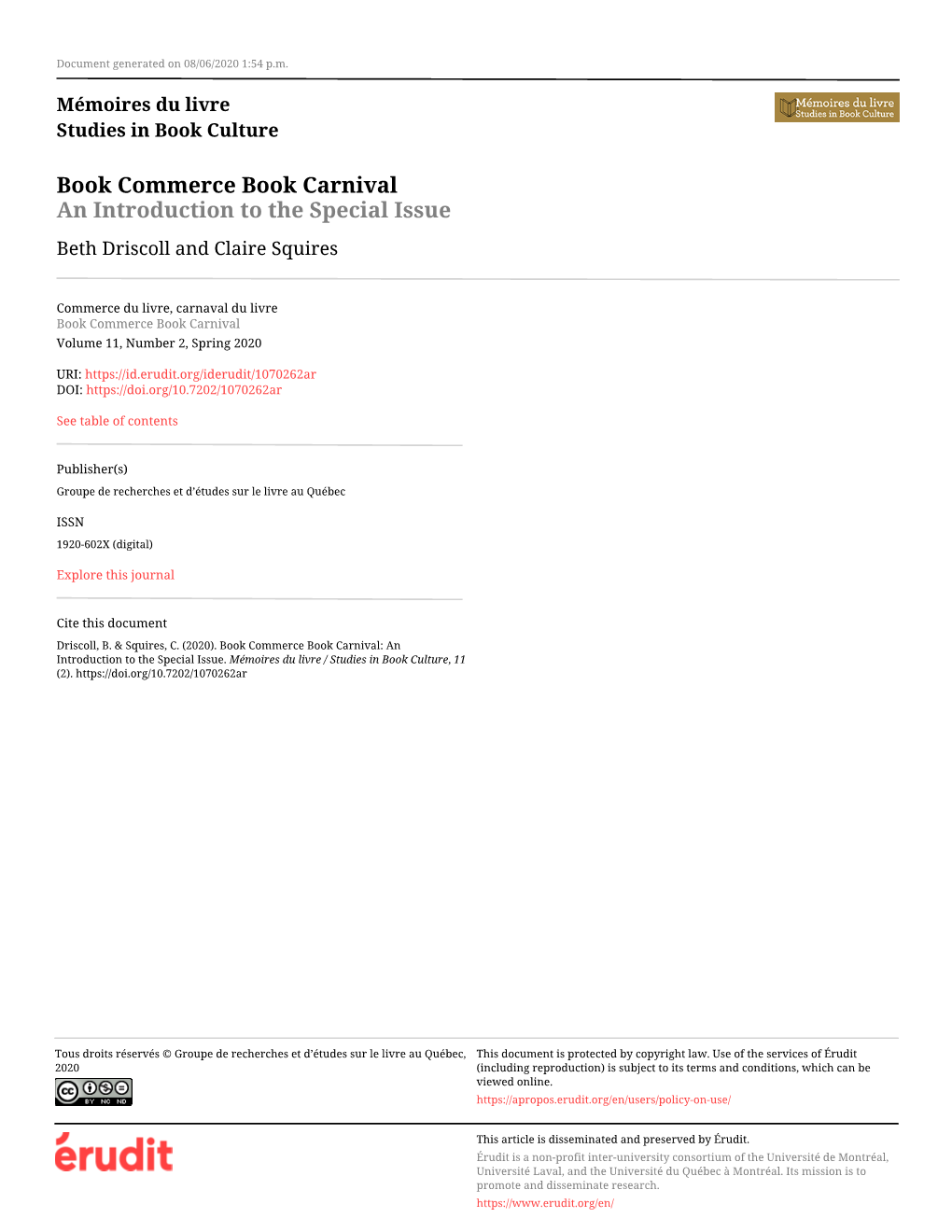 Book Commerce Book Carnival an Introduction to the Special Issue Beth Driscoll and Claire Squires