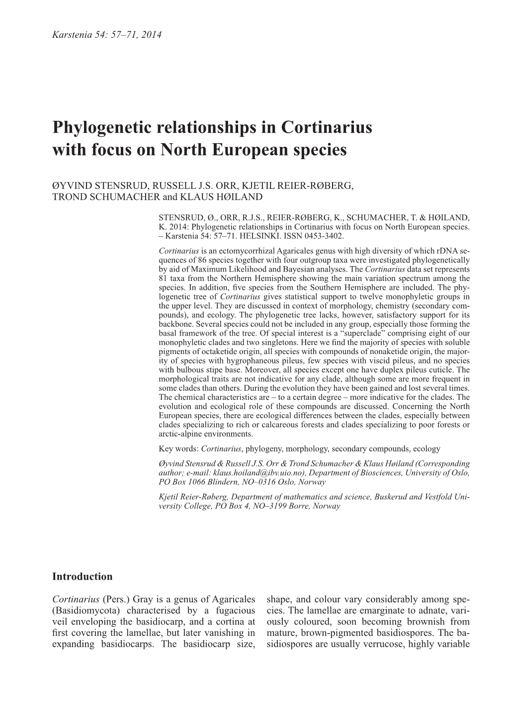 Phylogenetic Relationships in Cortinarius with Focus on North European Species