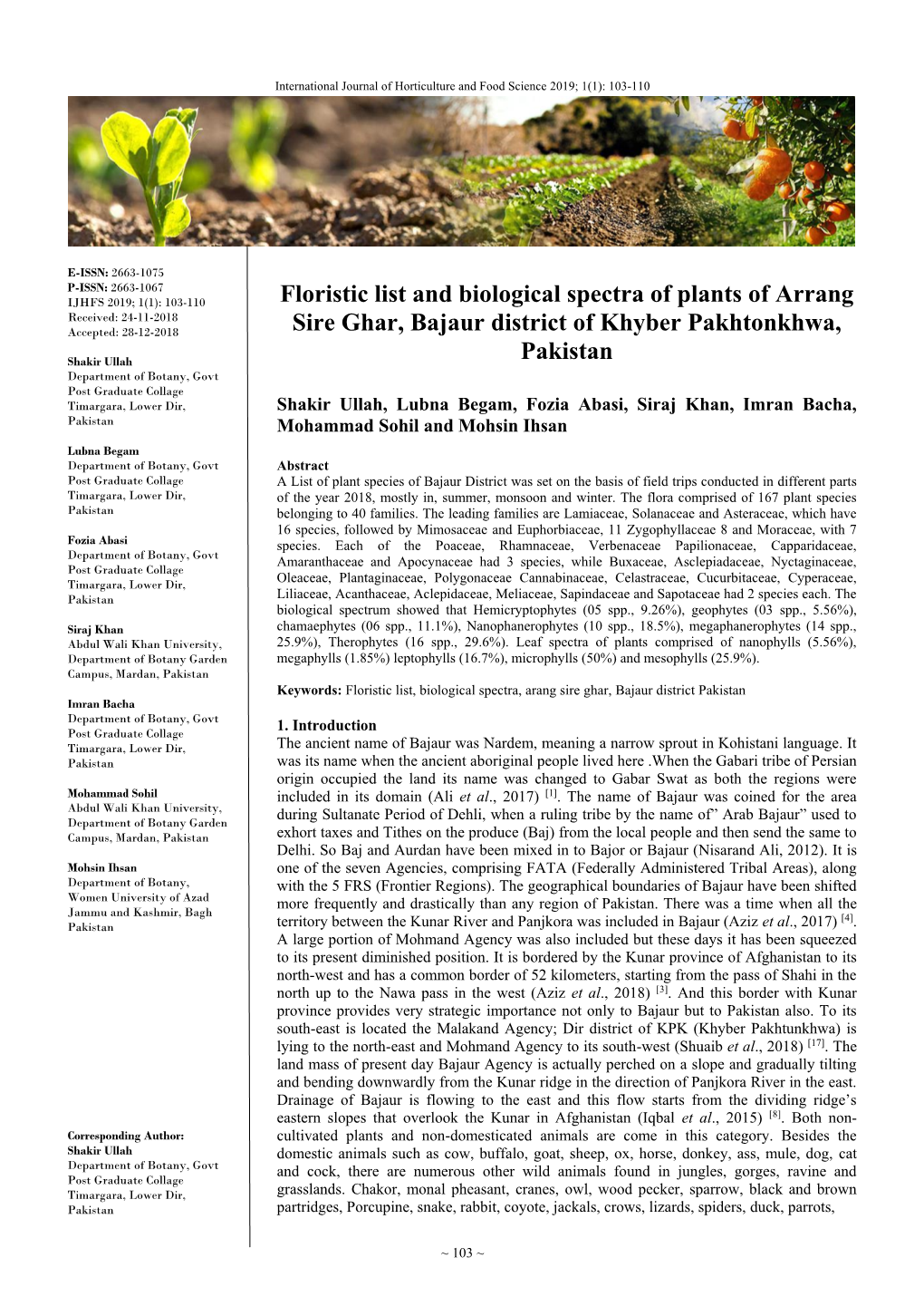 Floristic List and Biological Spectra of Plants of Arrang Sire Ghar, Bajaur