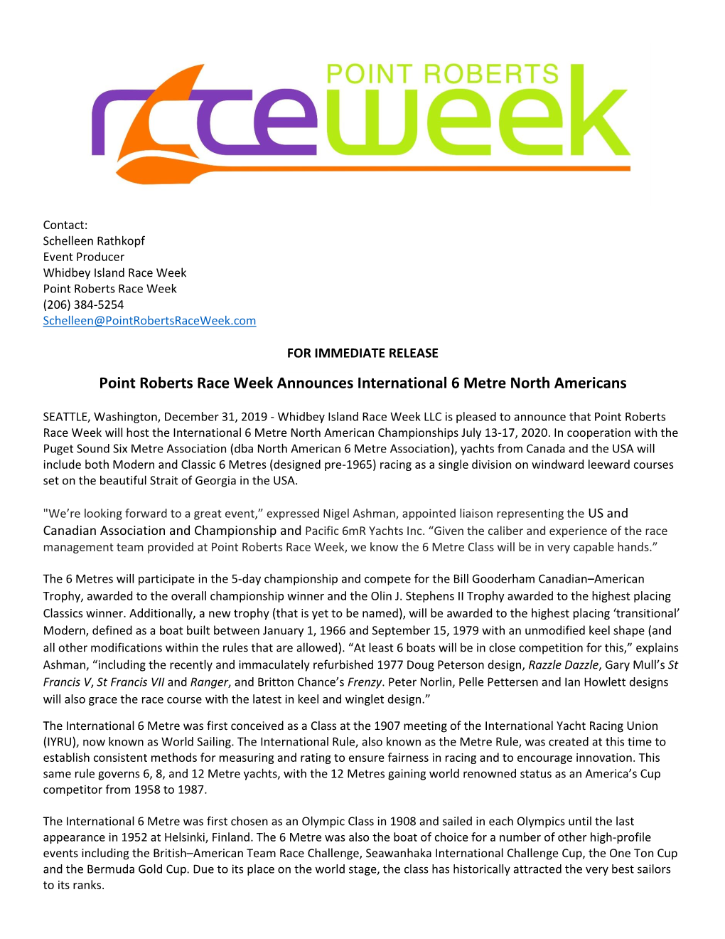Point Roberts Race Week Announces International 6 Metre North Americans