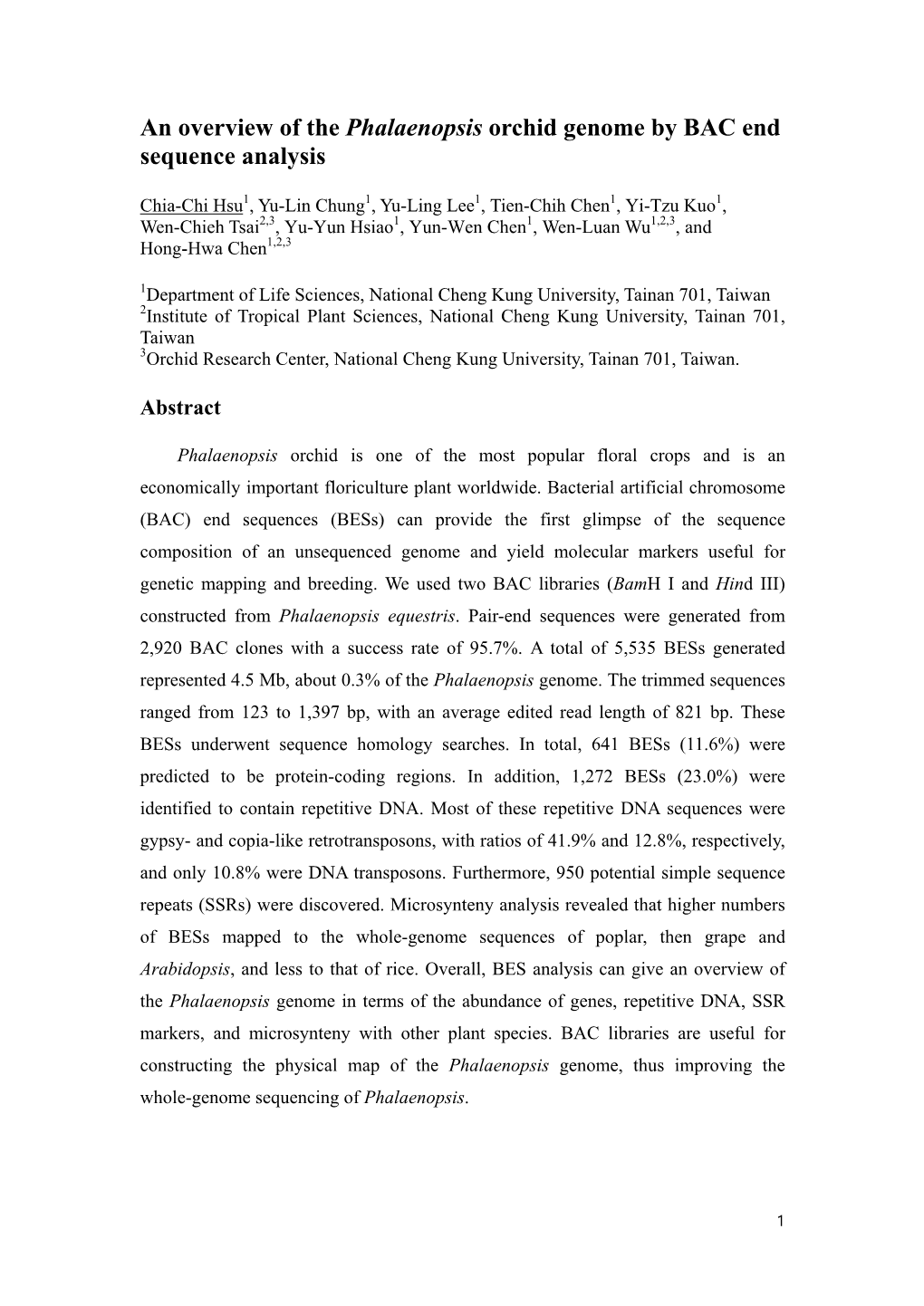 An Overview of the Phalaenopsis Orchid Genome by BAC End Sequence Analysis