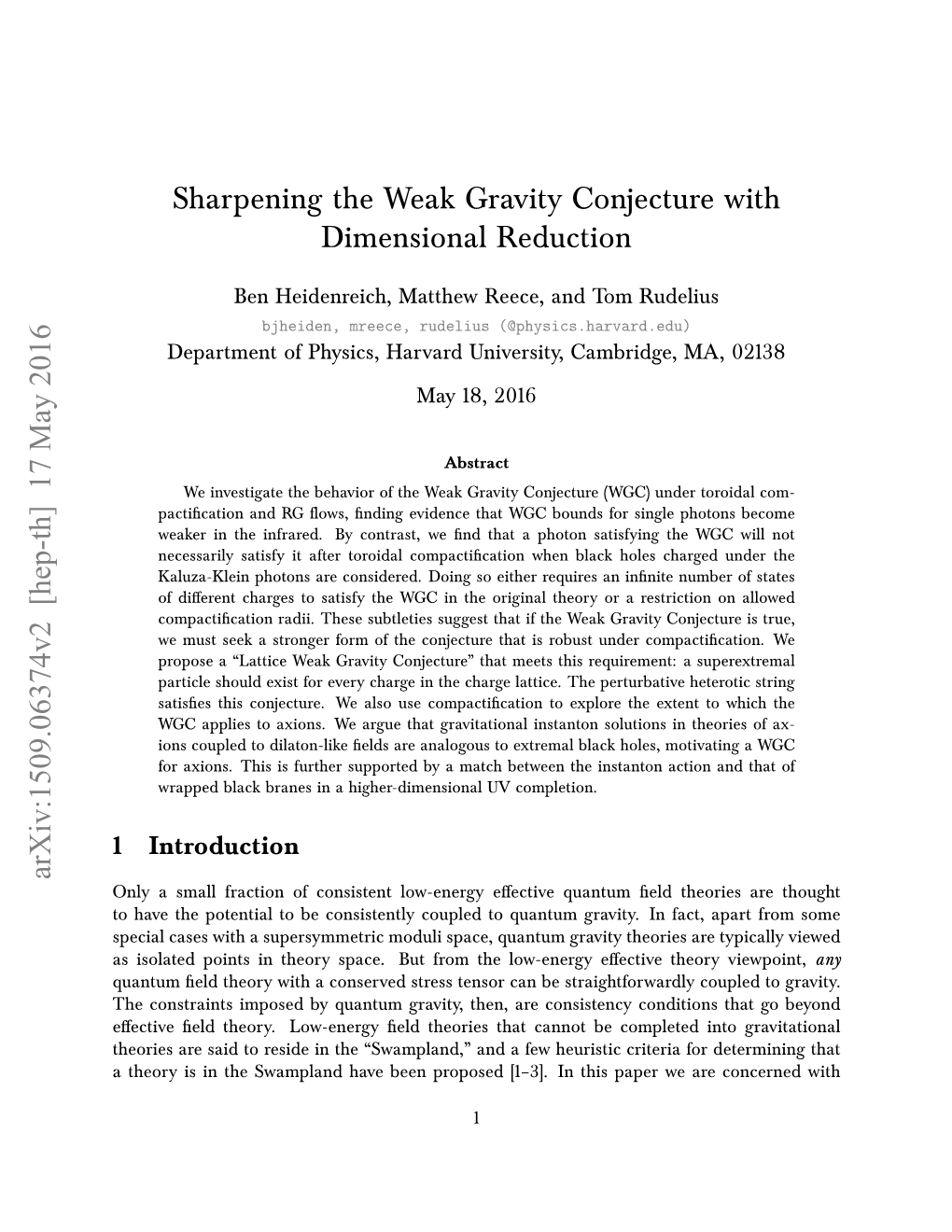 Sharpening the Weak Gravity Conjecture with Dimensional Reduction Arxiv:1509.06374V2 [Hep-Th] 17 May 2016