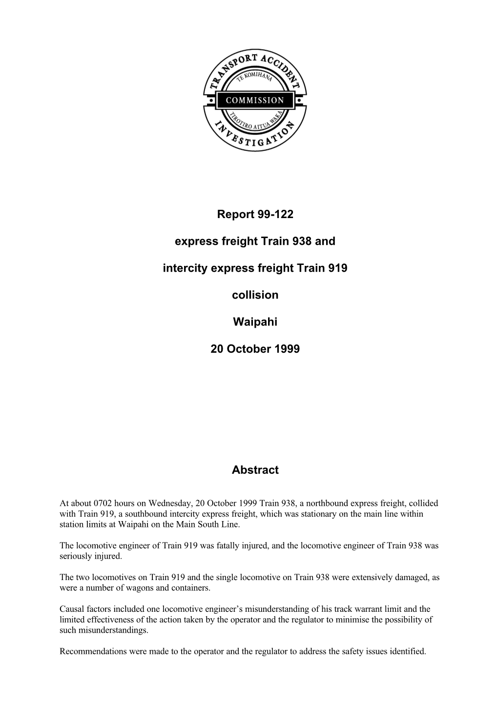 Report 99-122 Express Freight Train 938 and Intercity Express Freight