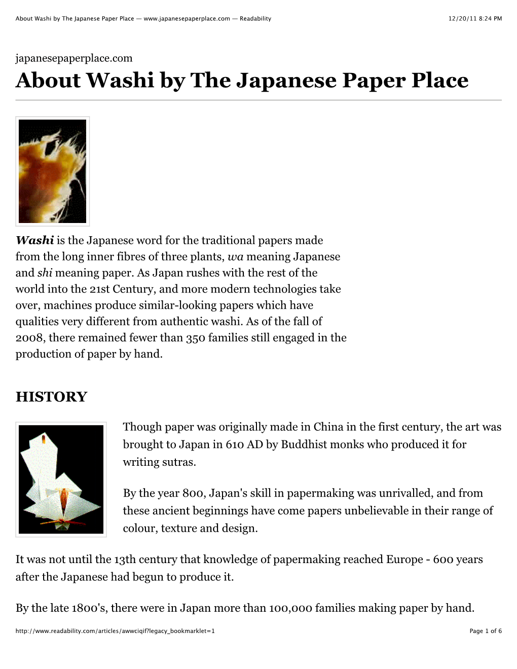 About Washi by the Japanese Paper Place — — Readability 12/20/11 8:24 PM Japanesepaperplace.Com About Washi by the Japanese Paper Place