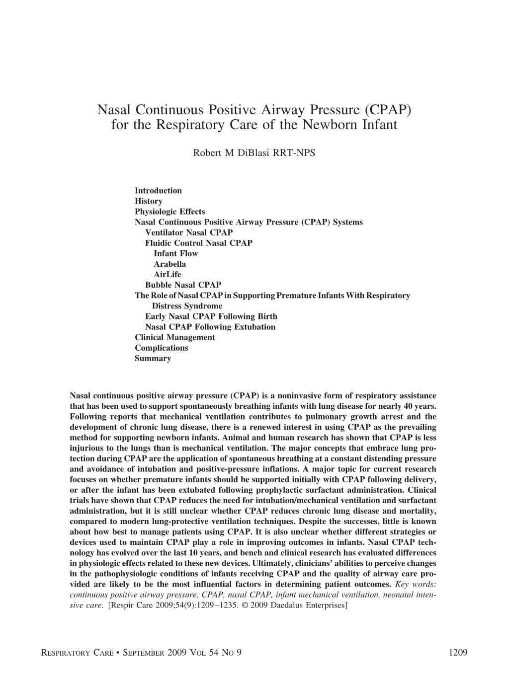 Nasal Continuous Positive Airway Pressure (CPAP) for the Respiratory Care of the Newborn Infant