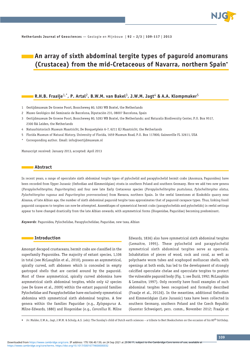 An Array of Sixth Abdominal Tergite Types of Paguroid Anomurans (Crustacea) from the Mid-Cretaceous of Navarra, Northern Spain•