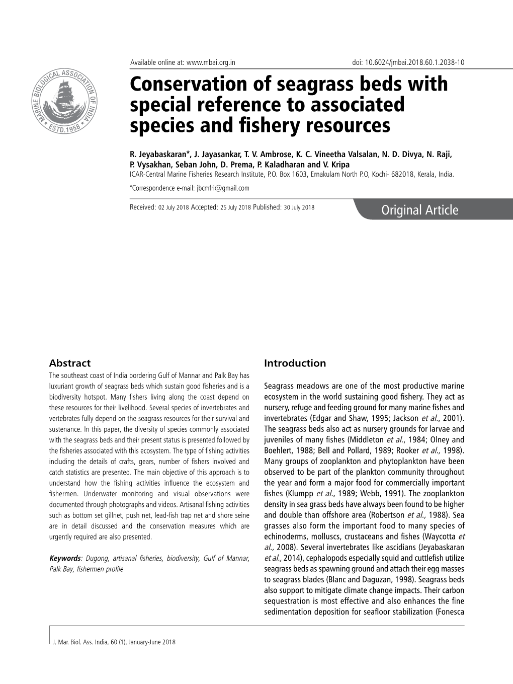 Conservation of Seagrass Beds with Special Reference to Associated Species and Fishery Resources