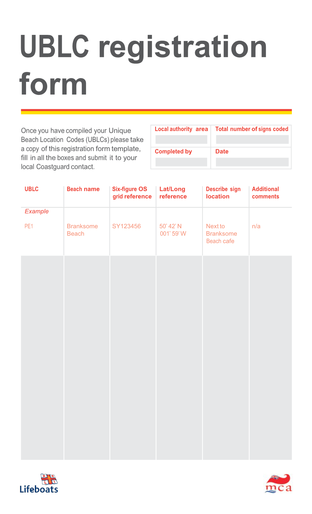 Unique Beach Location Codes and Registration Form