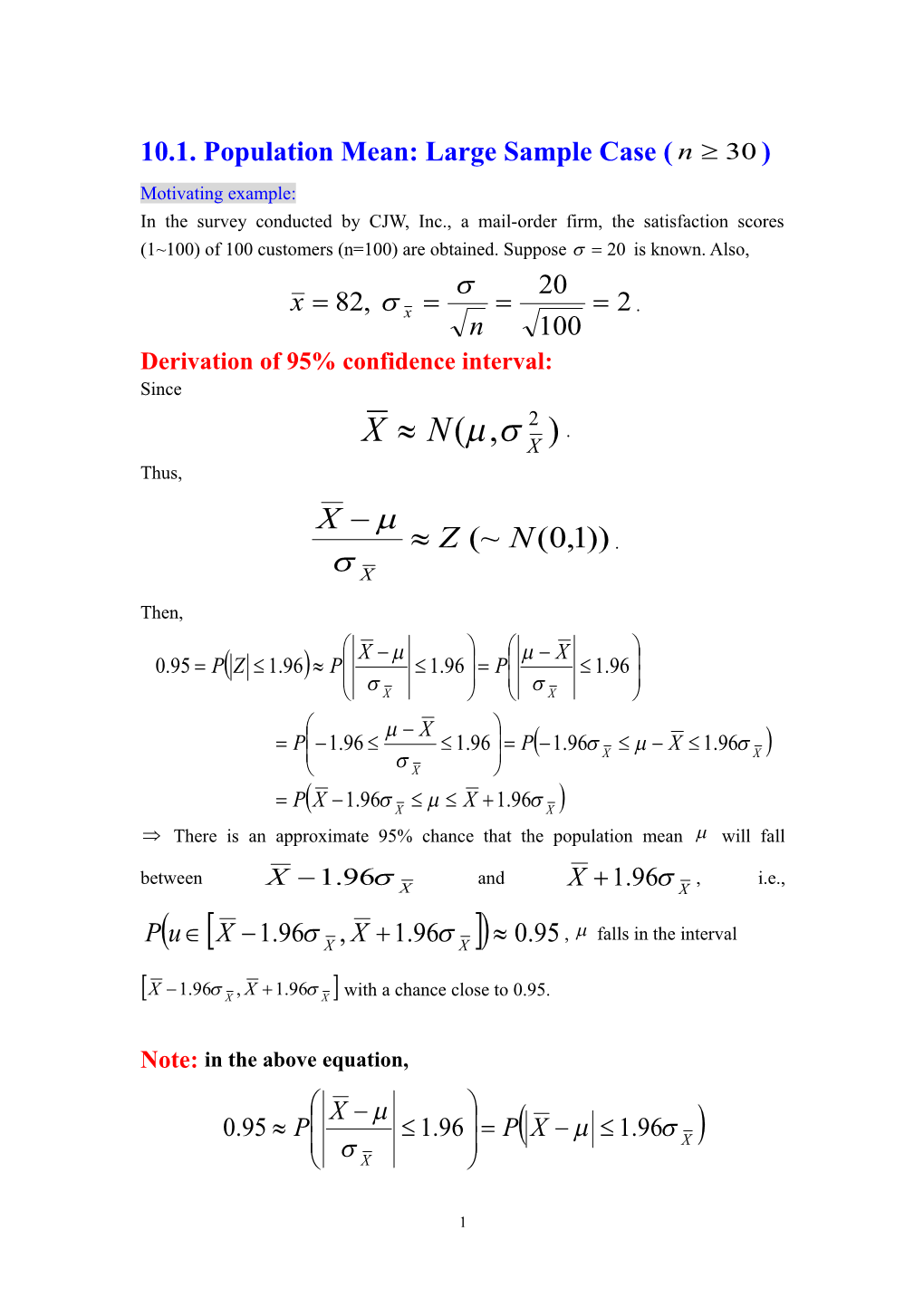 Population Mean: Large Sample Case ( )