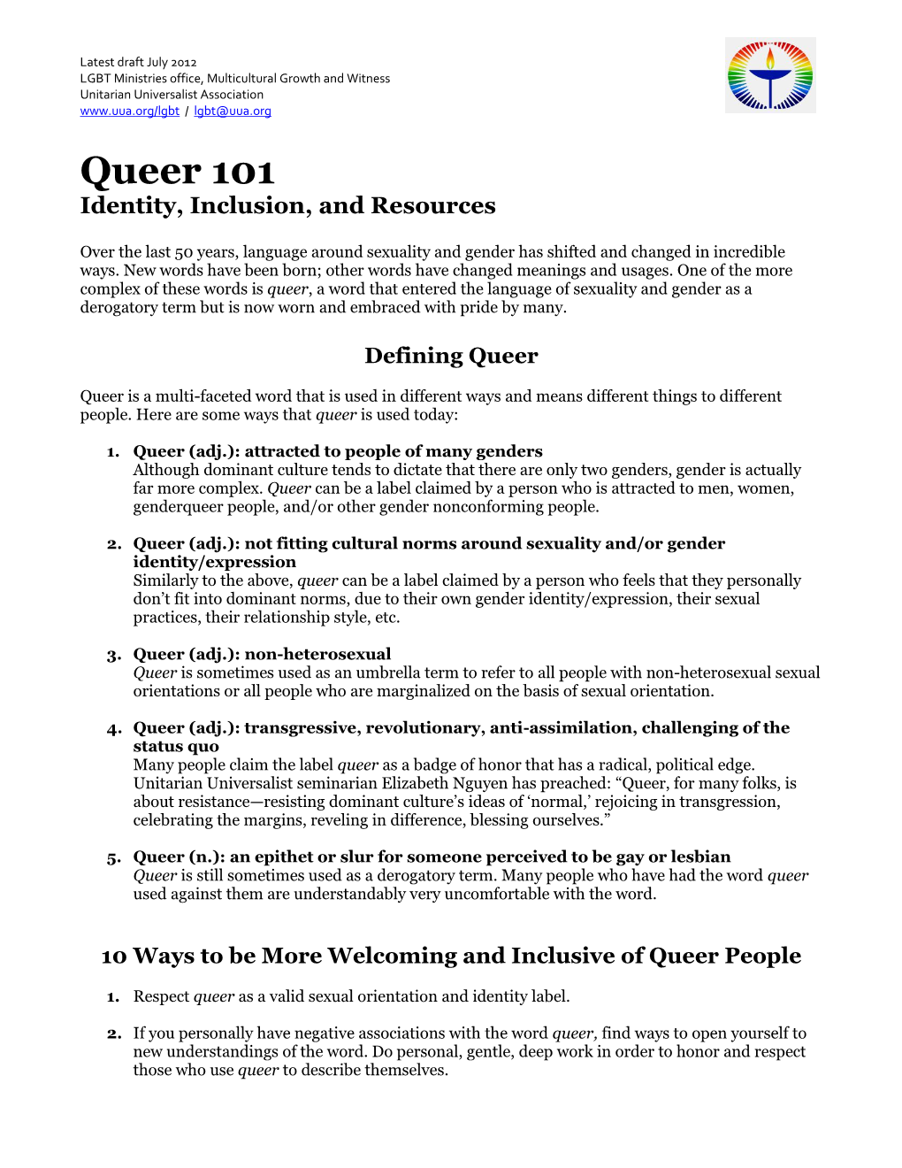 Queer 101 Identity, Inclusion, and Resources