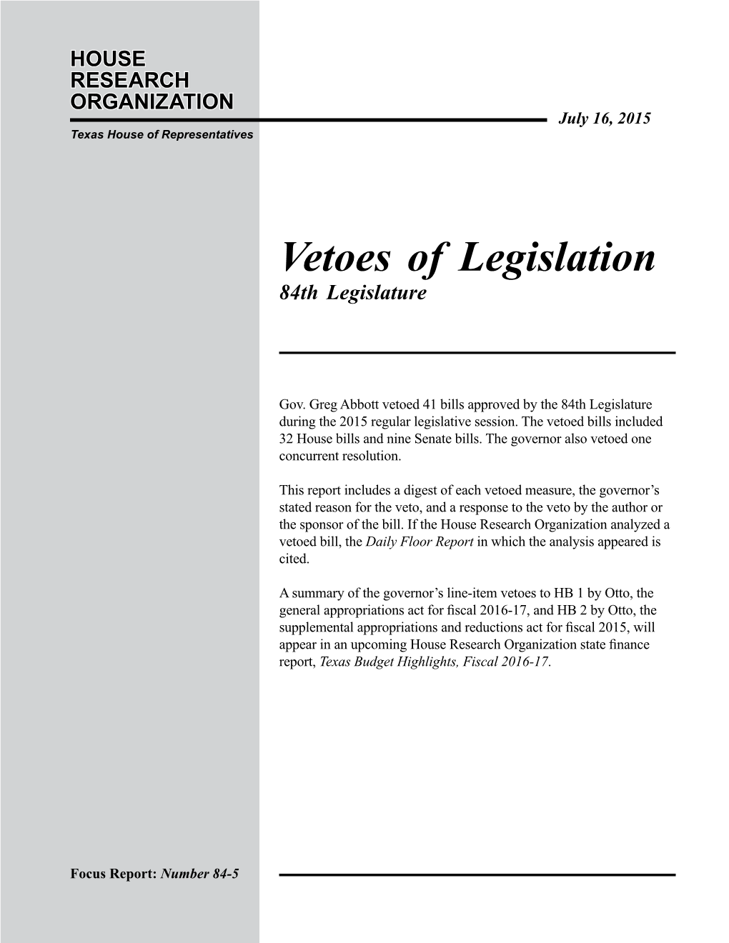 Vetoes of Legislation: 84Th Legislature