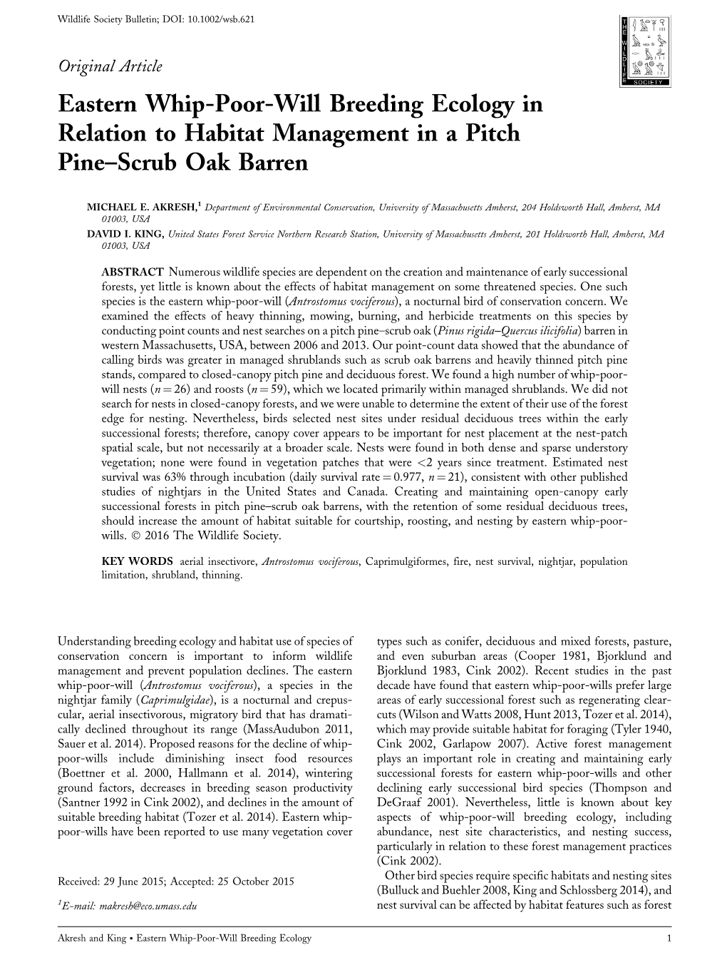 Eastern Whip-Poor-Will Breeding Ecology in Relation to Habitat Management in a Pitch Pine–Scrub Oak Barren