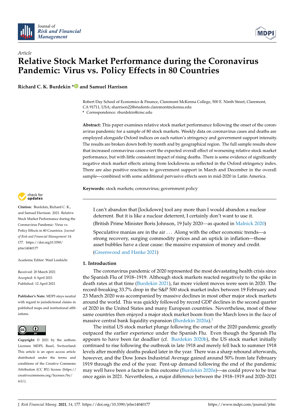 Relative Stock Market Performance During the Coronavirus Pandemic: Virus Vs