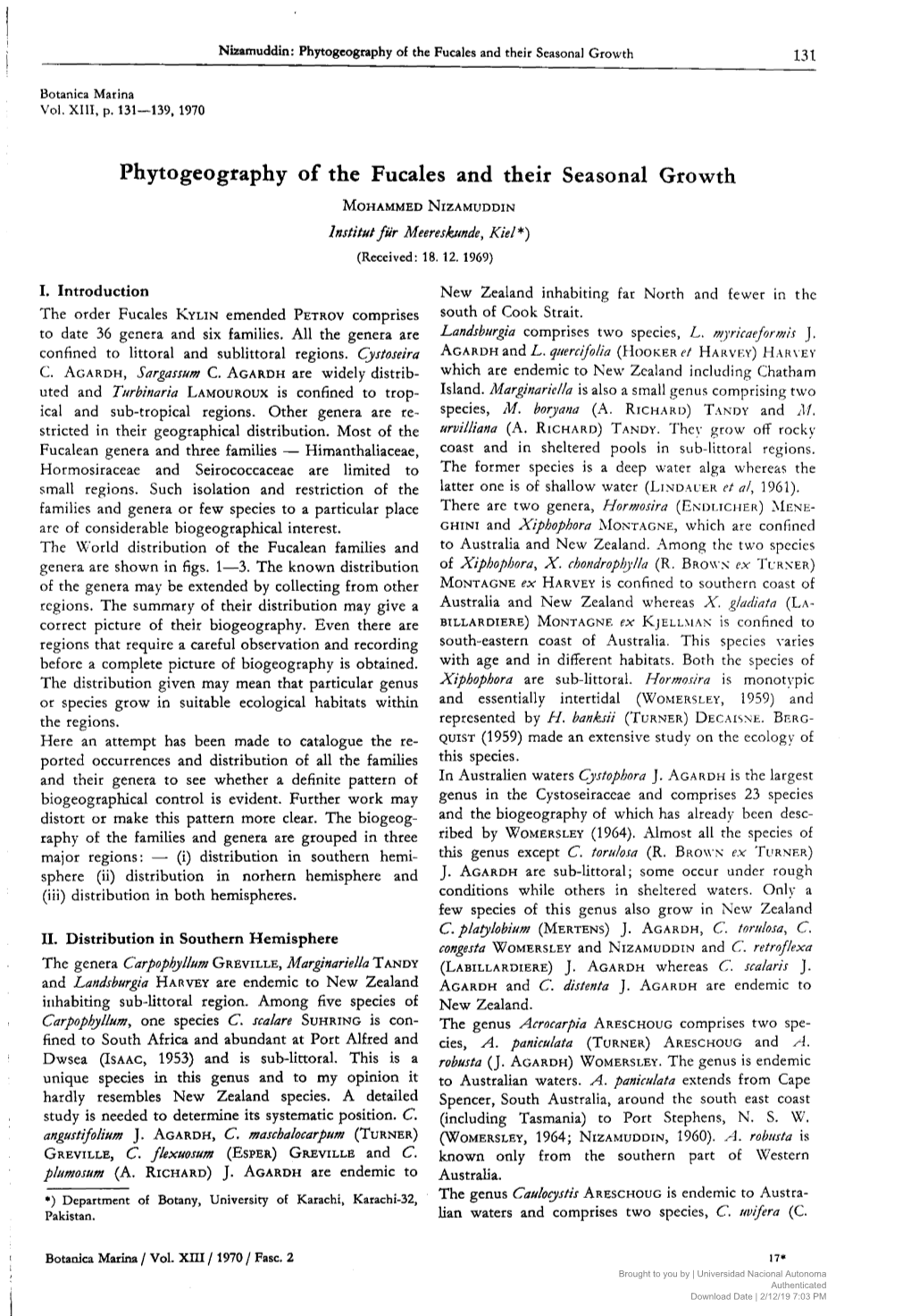 Phytogeography of the Fucales and Their Seasonal Growth MOHAMMED NIZAMUDDIN Institut Für Meereskunde, Kiel*} (Received: 18.12.1969}
