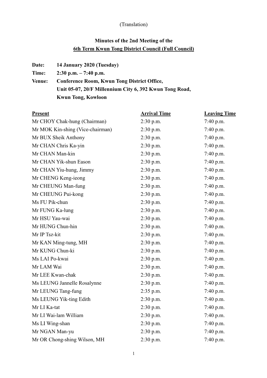 Minutes of the 2Nd Meeting of the 6Th Term Kwun Tong District Council (Full Council)