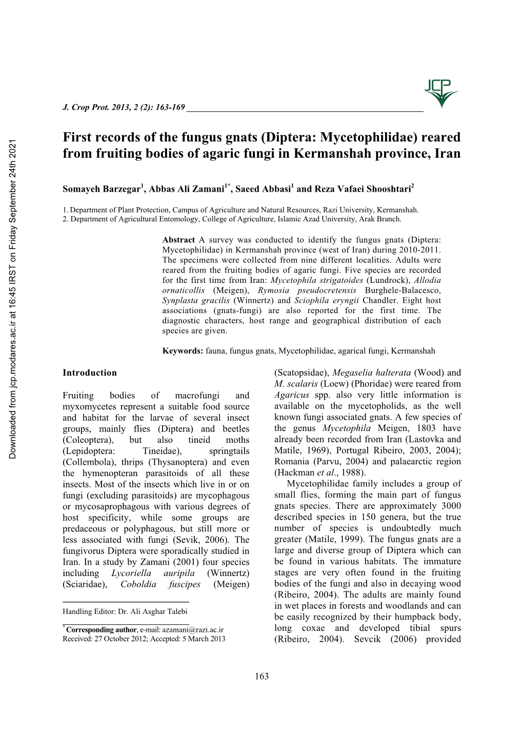 First Records of the Fungus Gnats (Diptera: Mycetophilidae) Reared from Fruiting Bodies of Agaric Fungi in Kermanshah Province, Iran