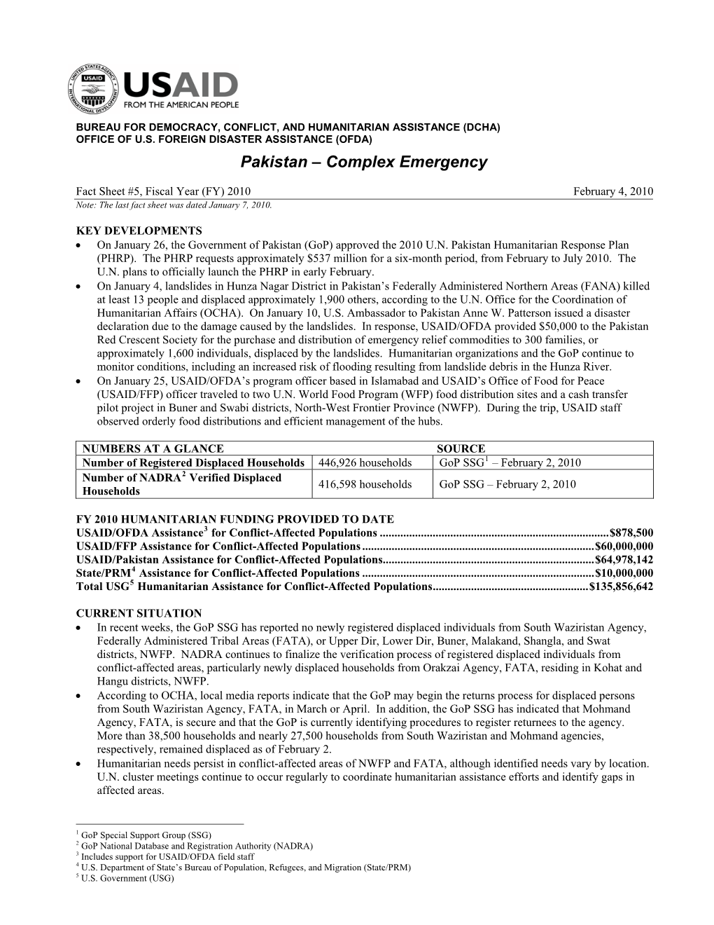 USAID-DCHA Pakistan Complex Emergency Fact Sheet #5