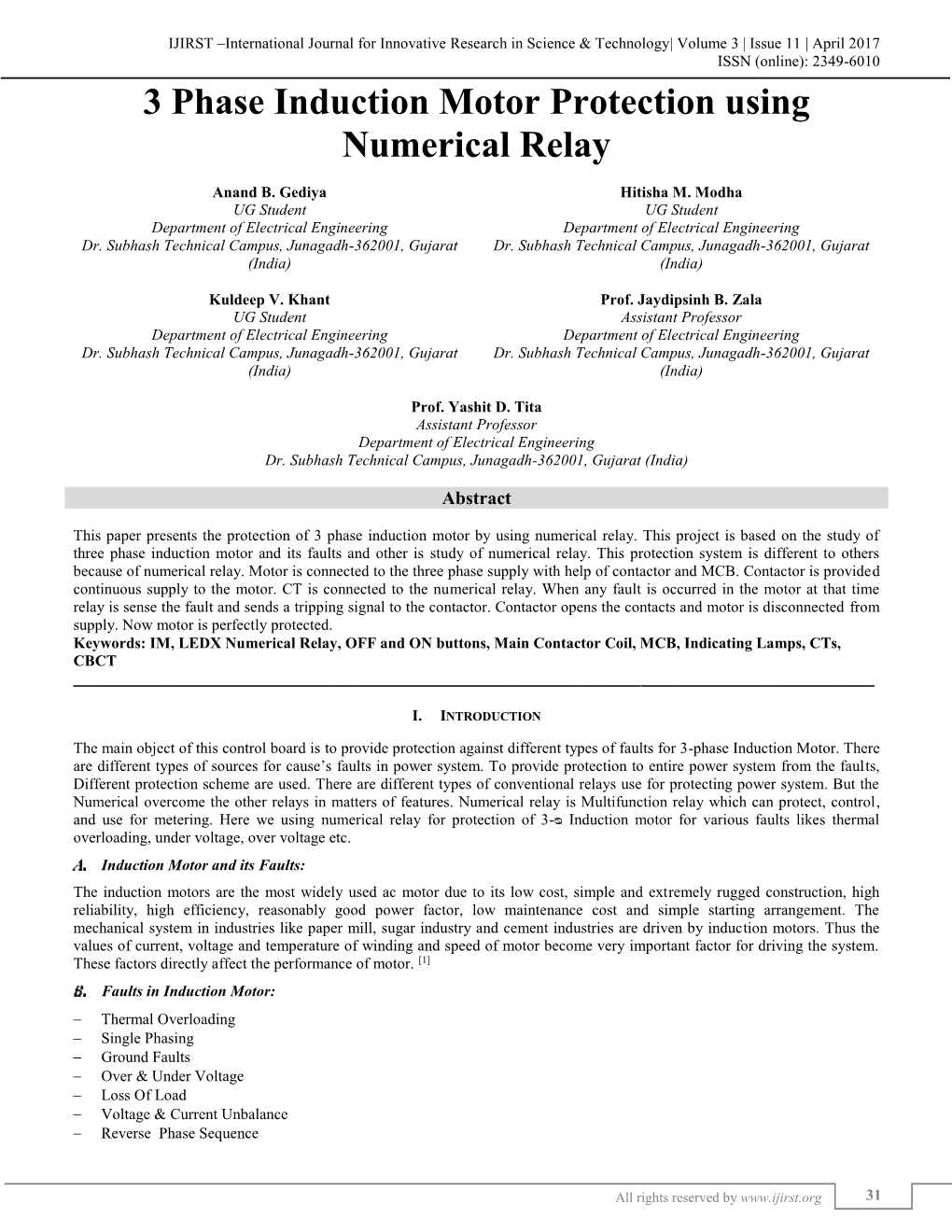 3 Phase Induction Motor Protection Using Numerical Relay (IJIRST/ Volume 3 / Issue 11/ 006)