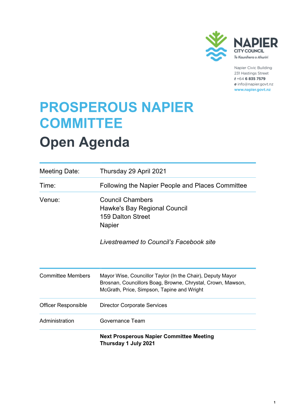 Agenda of Prosperous Napier Committee