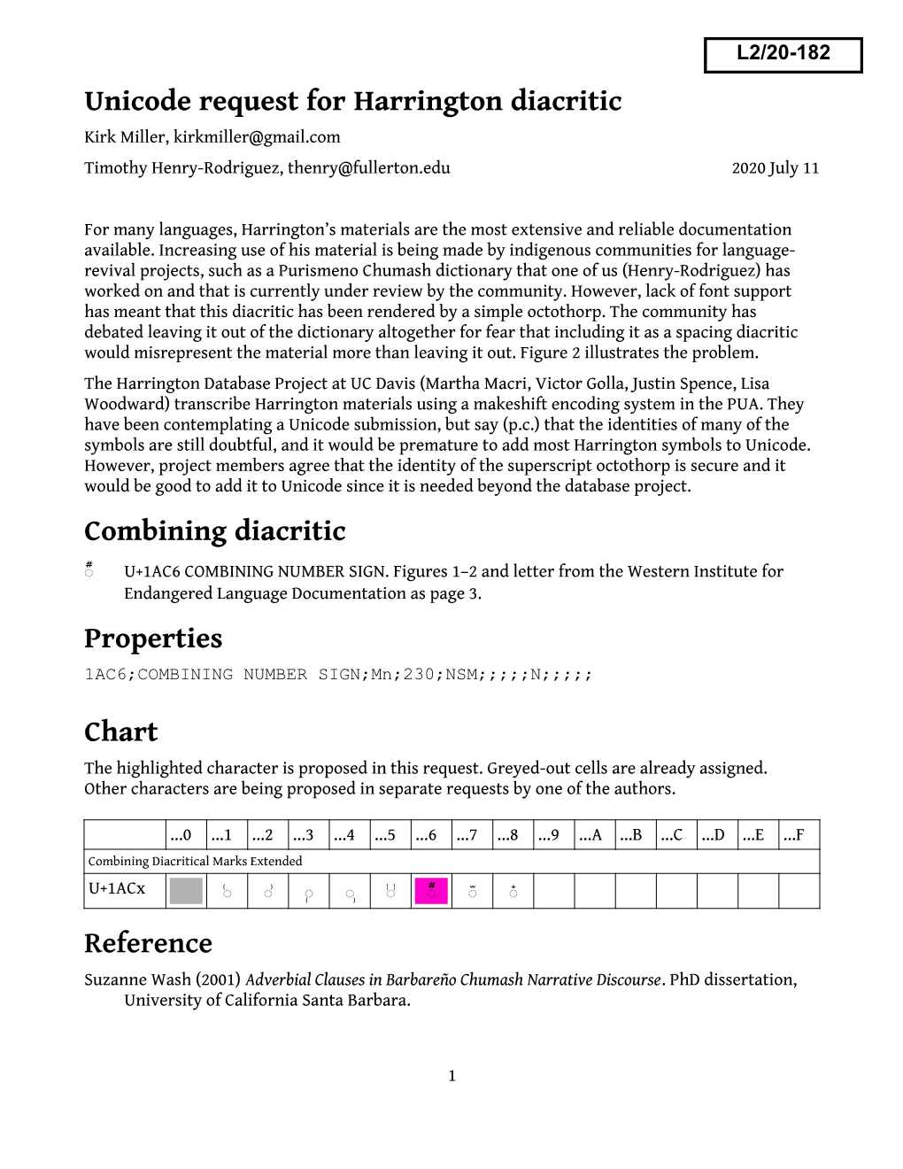 Unicode Request for Harrington Diacritic Combining Diacritic Properties Chart Reference