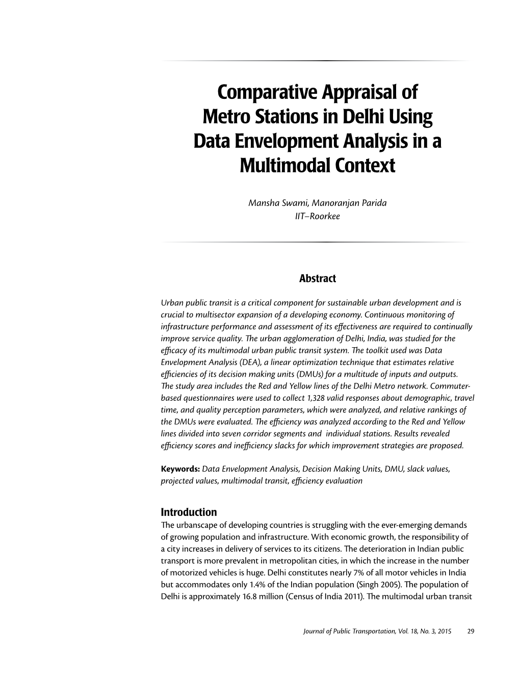 Comparative Appraisal of Metro Stations in Delhi Using Data Envelopment Analysis in a Multimodal Context