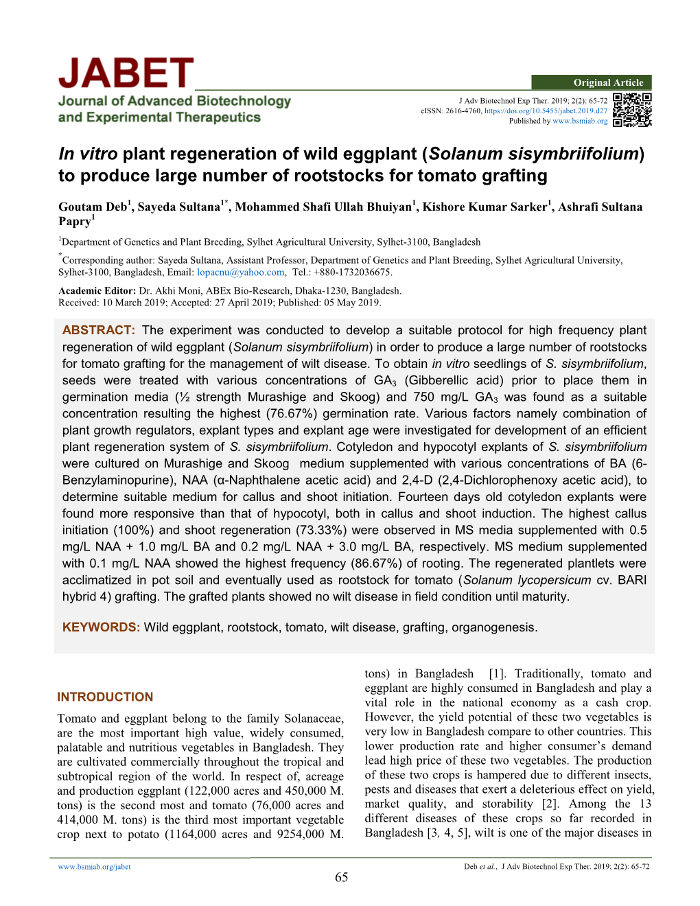 In Vitro Plant Regeneration of Wild Eggplant (Solanum Sisymbriifolium