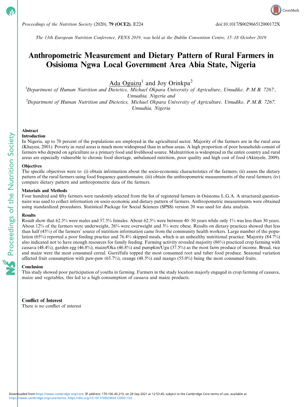 Anthropometric Measurement and Dietary Pattern of Rural Farmers in Osisioma Ngwa Local Government Area Abia State, Nigeria