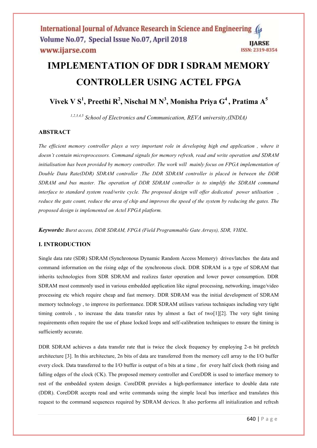 Implementation of Ddr I Sdram Memory Controller Using Actel Fpga