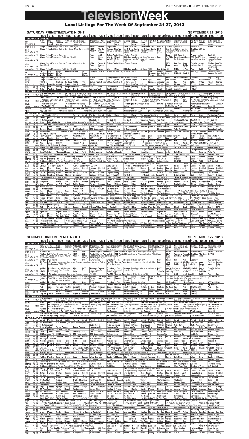 Televisionweek Local Listings for the Week of September 21-27, 2013