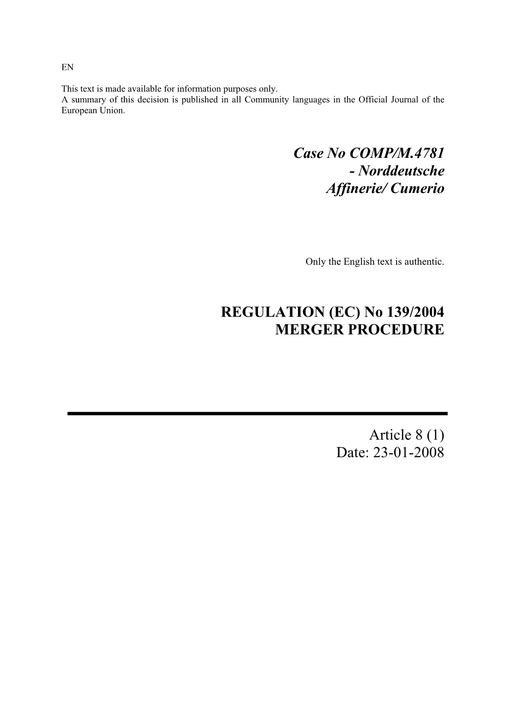 Case No COMP/M.4781 - Norddeutsche Affinerie/ Cumerio