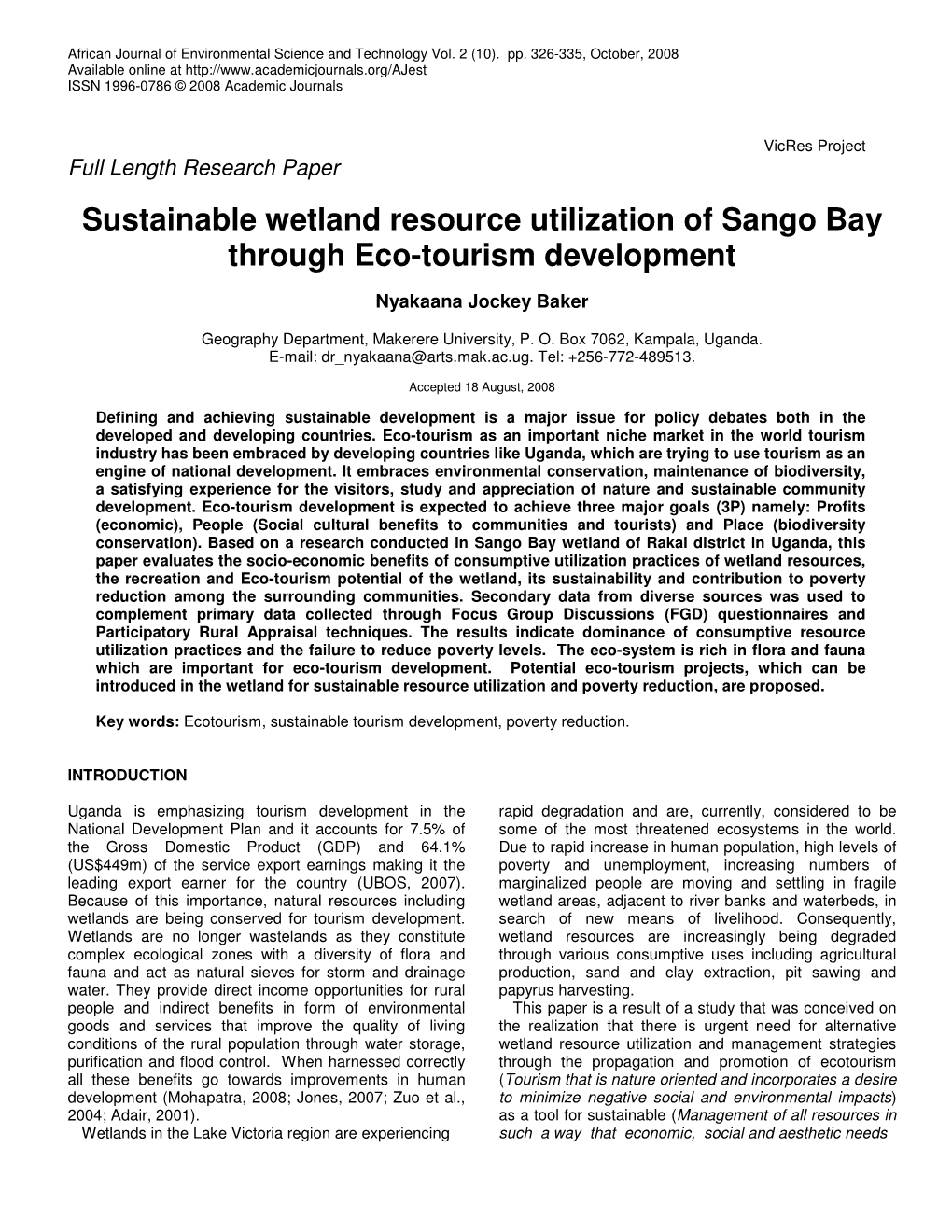 Sustainable Wetland Resource Utilization of Sango Bay Through Eco-Tourism Development