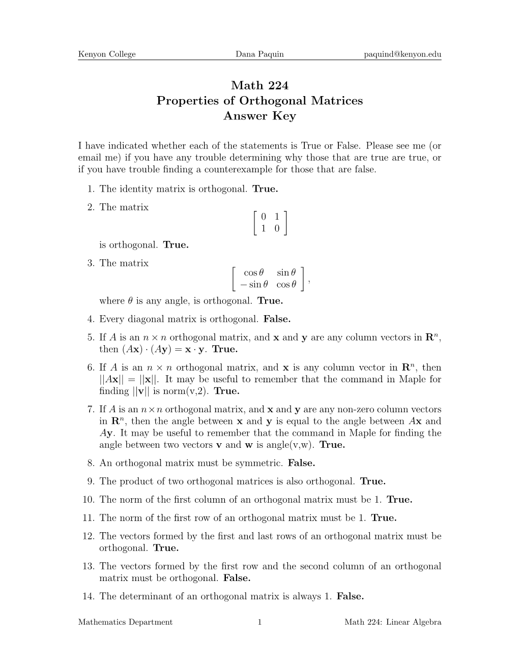 Math 224 Properties of Orthogonal Matrices Answer Key