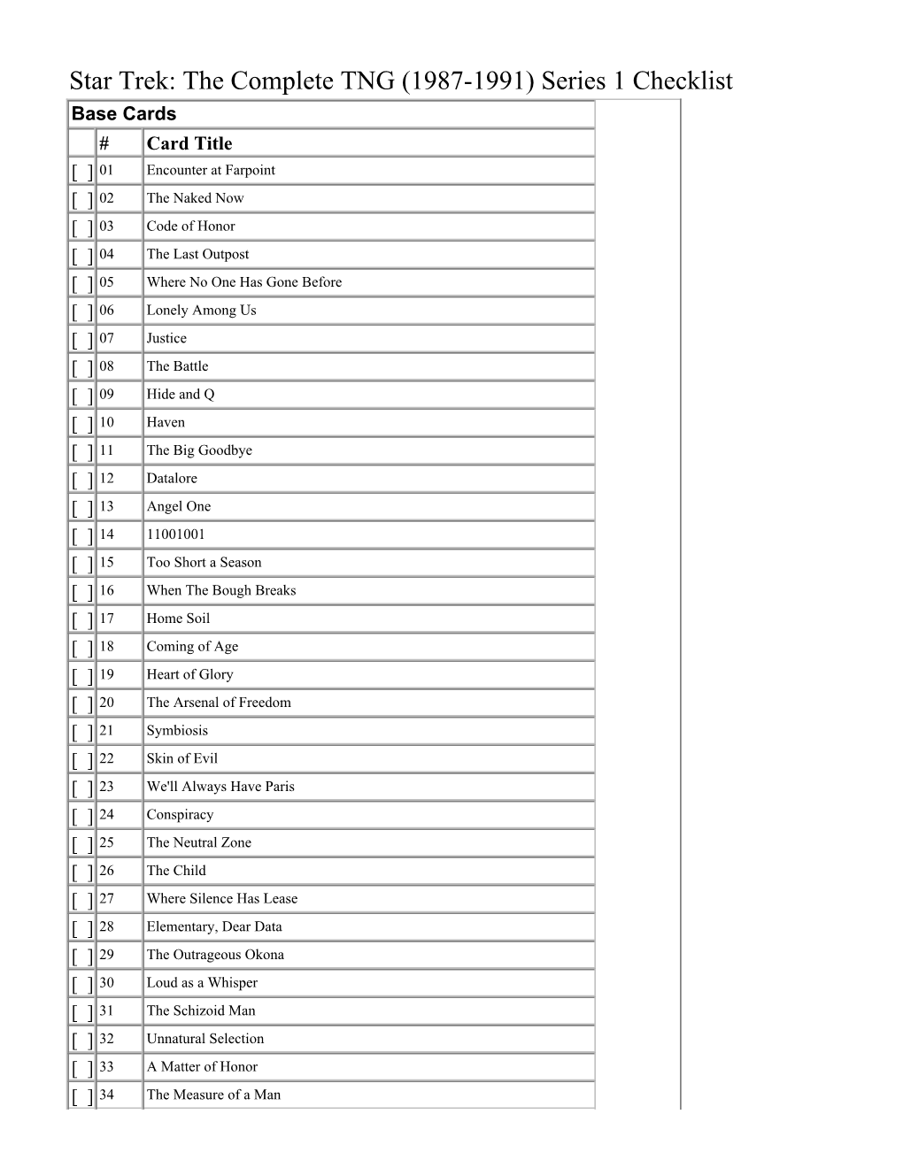 Star Trek: the Complete TNG (1987-1991) Series 1 Checklist