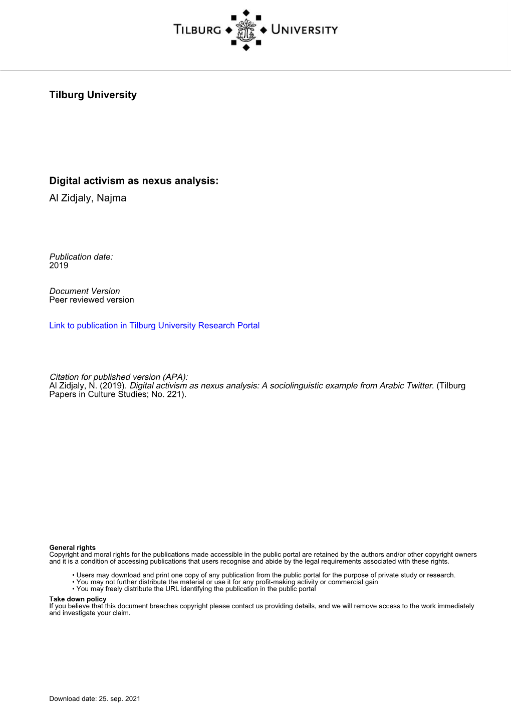 Tilburg University Digital Activism As Nexus Analysis: Al Zidjaly, Najma