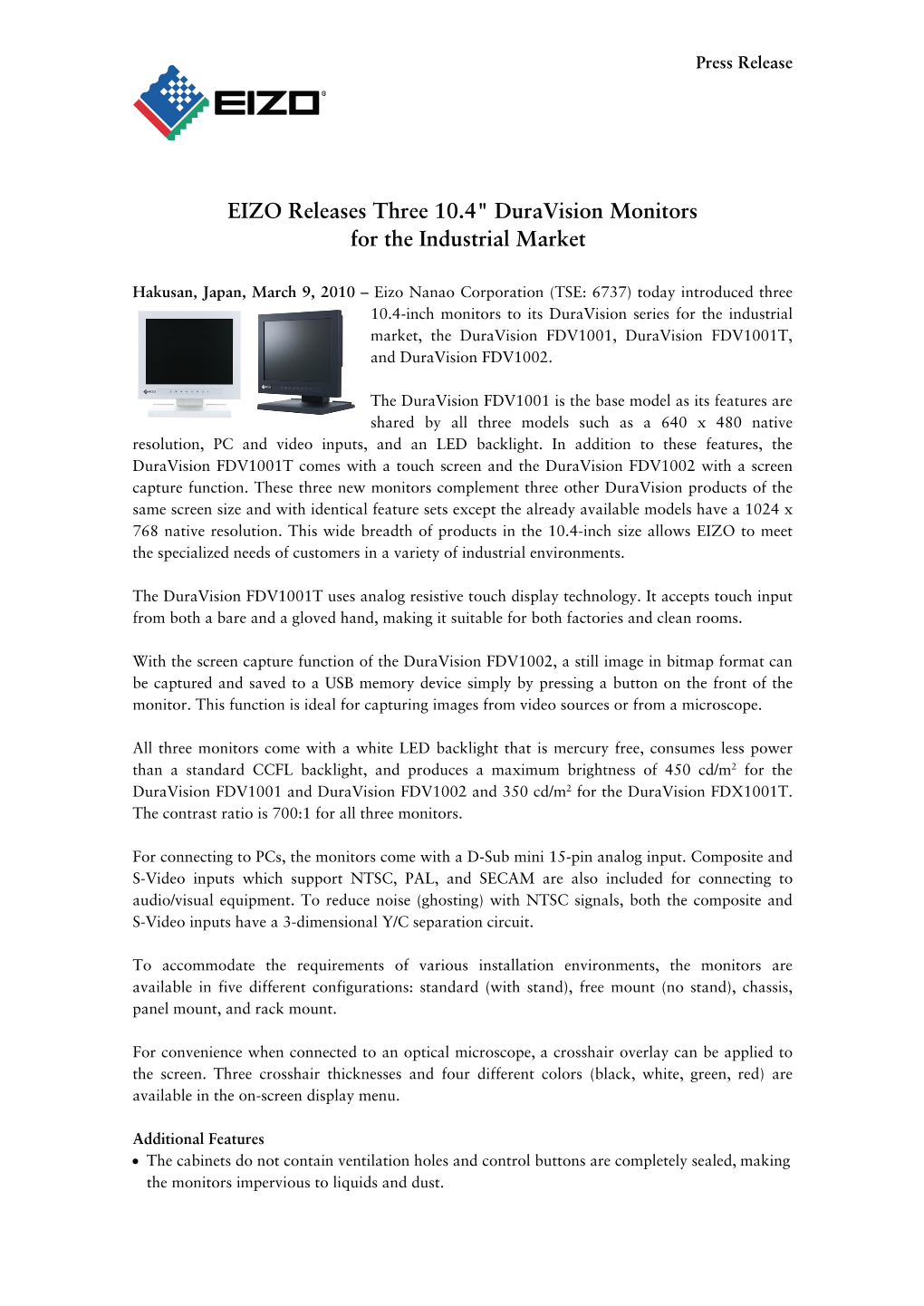 Duravision FDV1001, FDV1001T and FDV1002 Press Release