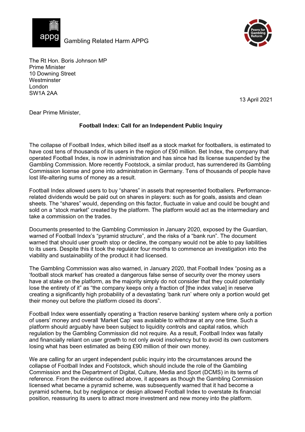 GRH APPG Letter to PM Re Football Index Public Inquiry 13.04.21