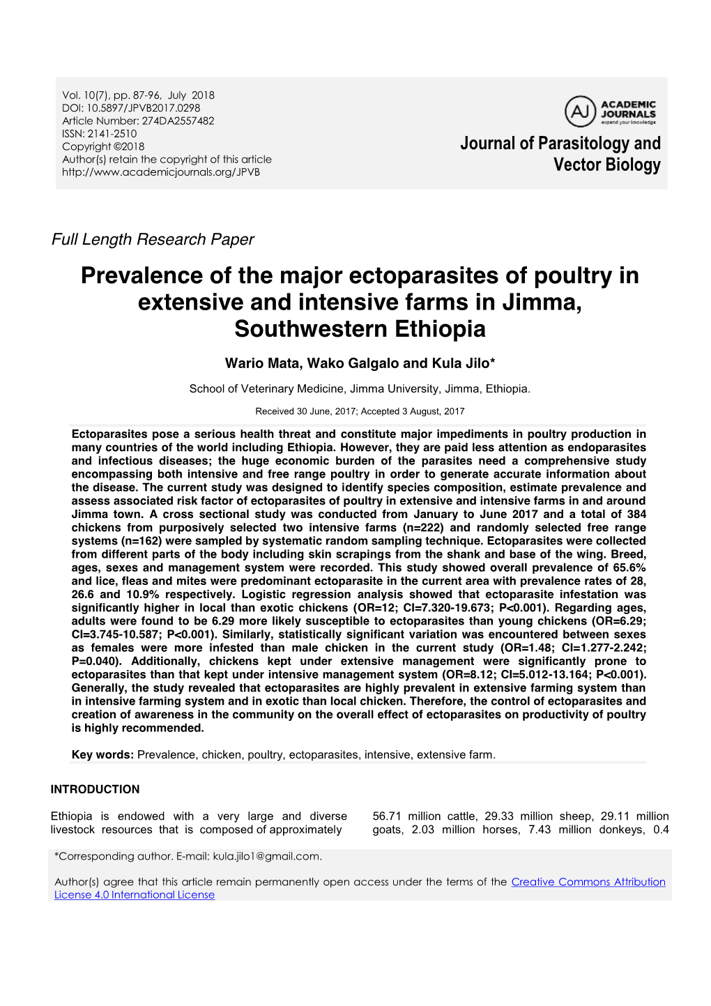 Prevalence of the Major Ectoparasites of Poultry in Extensive and Intensive Farms in Jimma, Southwestern Ethiopia